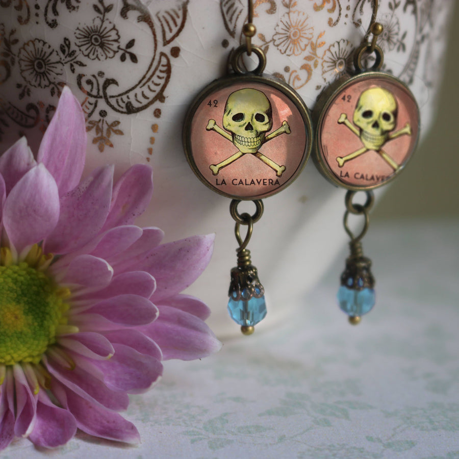 La Calavera Loteria Skull Earrings