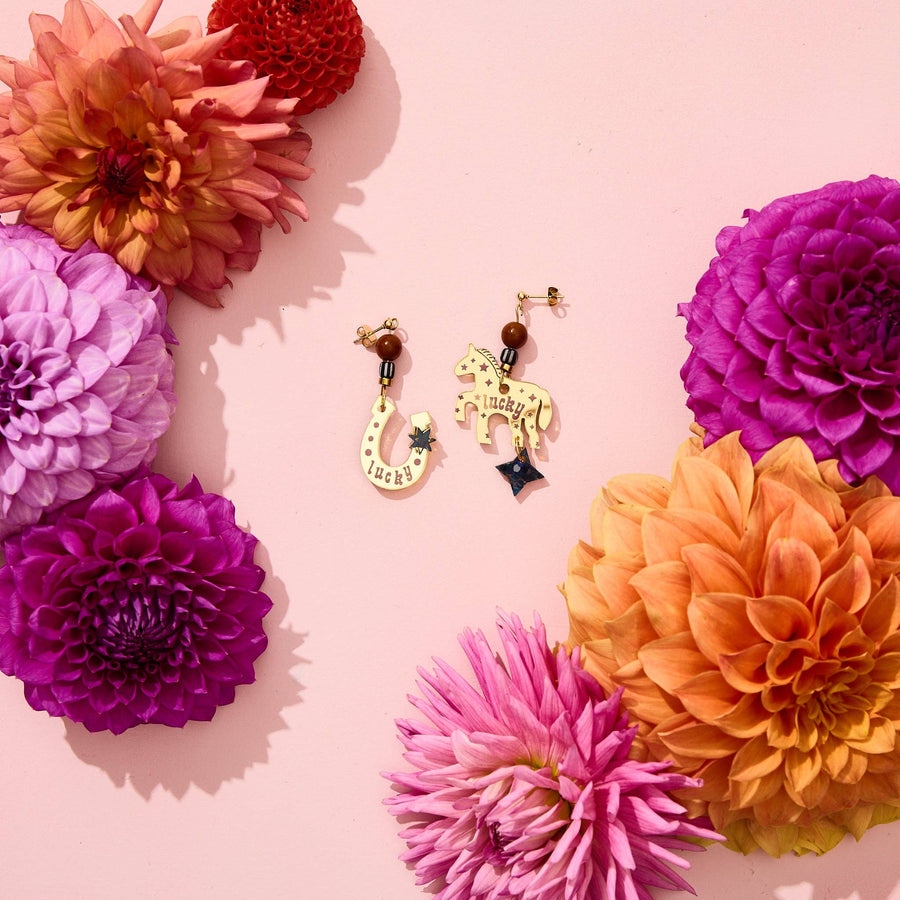 Lucky Horse and Shoe Earrings - Gold/Purple - Twitchers Emporium Store