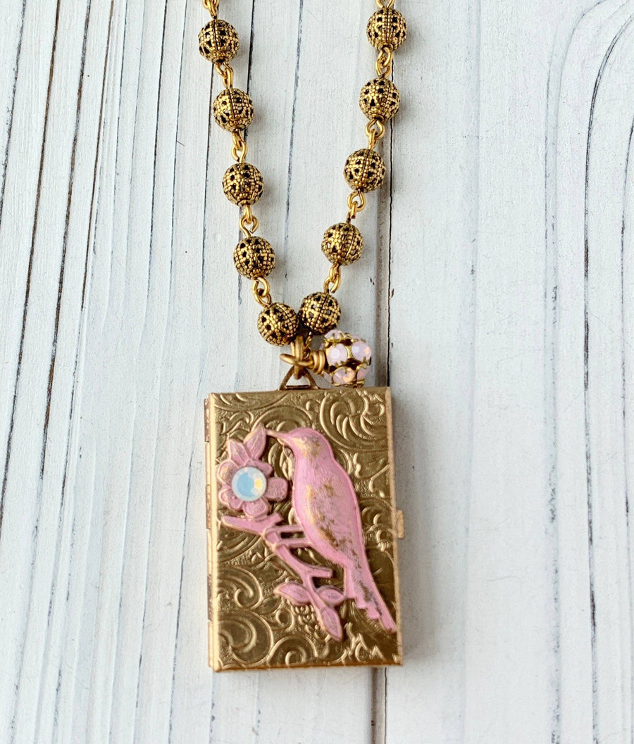 Bird Book Locket Charm Necklace