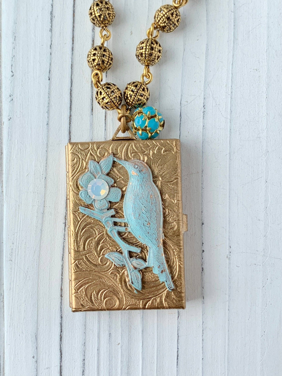 Bird Book Locket Charm Necklace