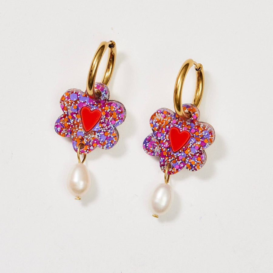 Heart Flower and Pearl Earrings - Purple Orange - Twitchers Emporium Store